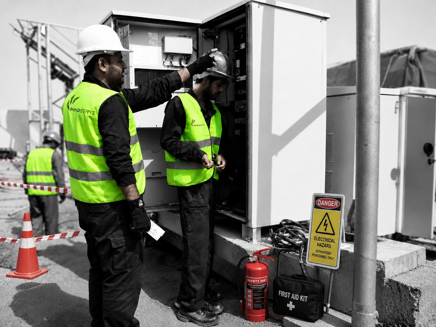 Field workers wearing safety helmets and high-visibility vests inspecting an open electrical utility cabinet
